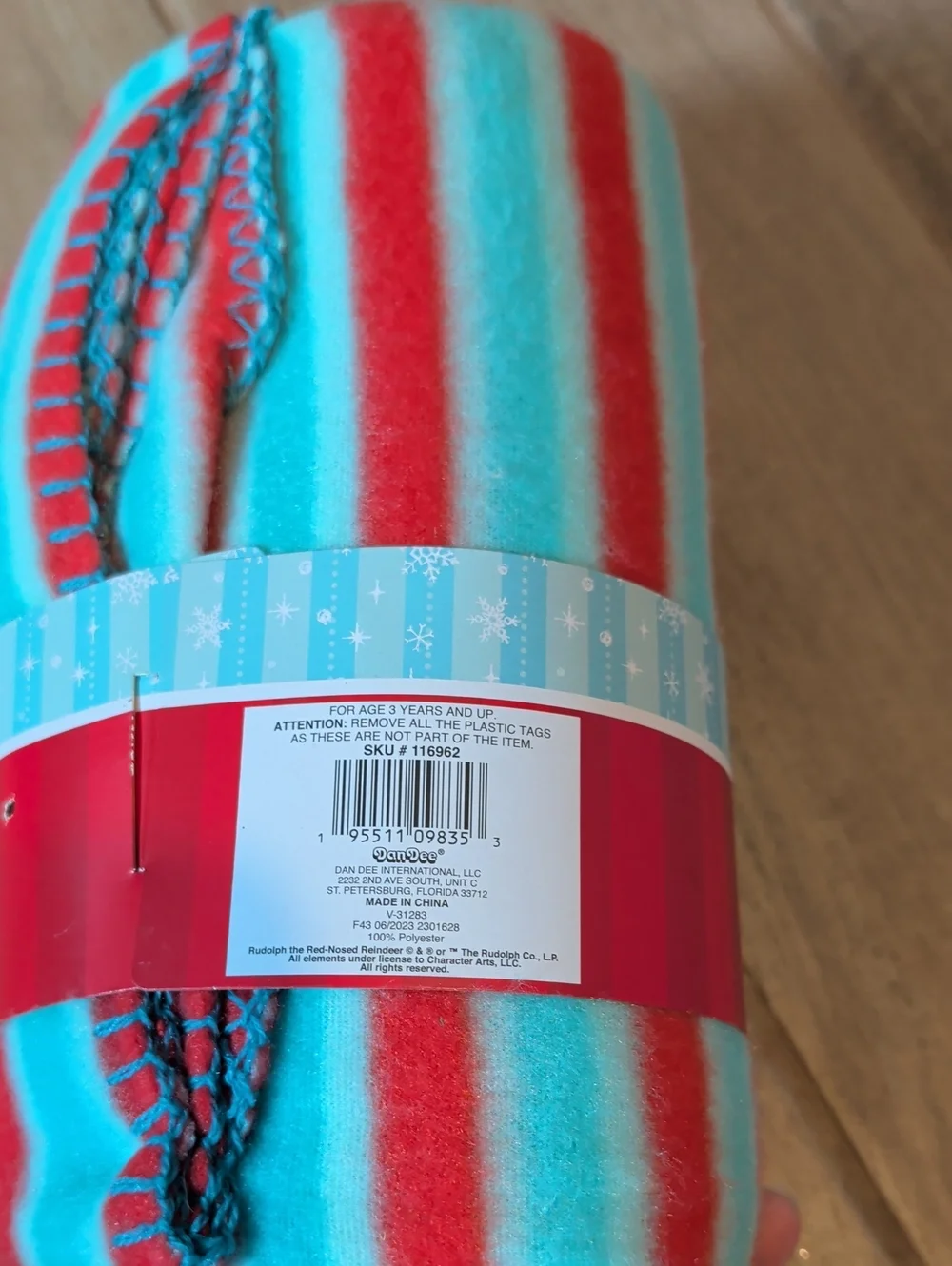 Rudolph Striped Fleece Throw Blanket - Red & Aqua
